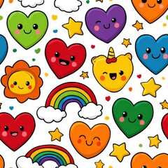 Fototapeta premium Pride minimalist pattern concept. Colorful pattern featuring smiling hearts, rainbows, and stars in a playful design.