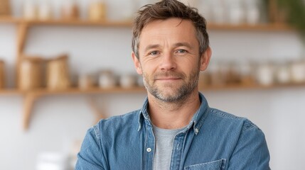 Obraz premium portrait of farmer standing in rustic farm shop with blurred background creating serene atmosphere