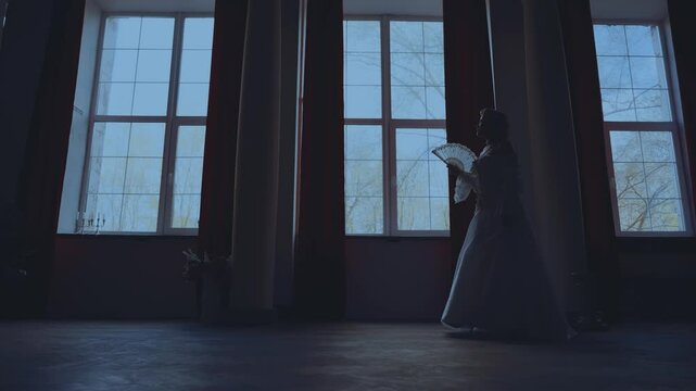 Gothic shadow silhouette woman queen walking in dark room by window, night moon light backlit, Fantasy fairy lady ghost Princess girl hand holding fan, white silk vintage dress old style. art video 