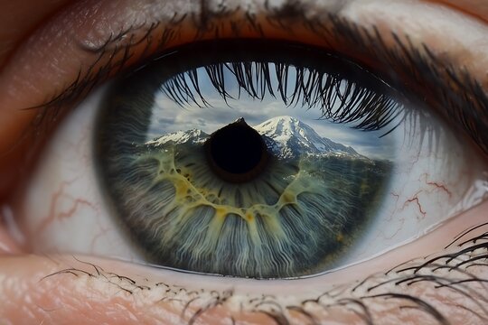 close up of human eye with sharp reflection of mountain scene