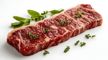 Fototapeta premium A succulent raw strip steak seasoned with fresh thyme sprigs rests on a pristine white background ready for grilling.