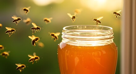 Honey Bees in Flight Towards a Jar of Golden Honey
