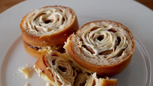 Freshly baked cinnamon swirl bread sliced and ready to serve on a white plate