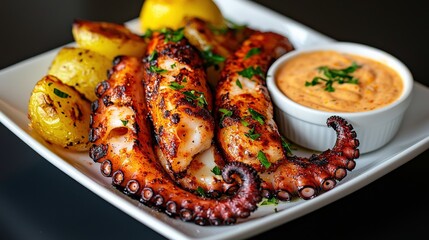 A fine dining presentation of grilled octopus tentacle, served with smoked paprika aioli, roasted fingerling potatoes, and charred lemon, beautifully lit in a studio setup