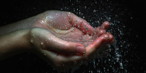 Fototapeta premium Human Hands Cupping Water Spray