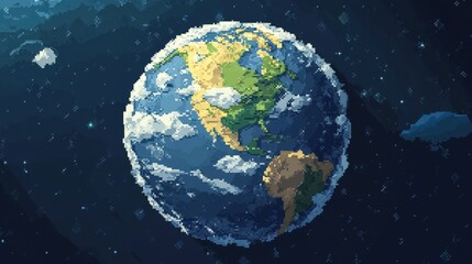 Fototapeta premium Earth icon with tiny blocky continents and oceans in a retro video game style.