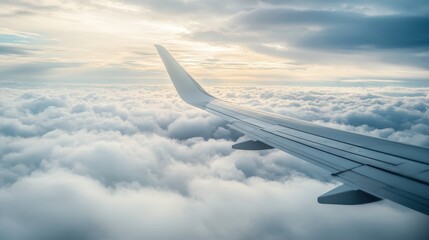 Obraz premium A plane's wing cutting through a blanket of white clouds during a peaceful flight