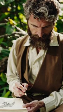 Naturalist drawing birds in tropical forest