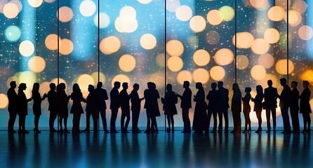Silhouette of many people standing in a row, looking out at a blurred city night light display