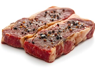 Obraz premium Two seasoned strip steaks ready for grilling or pan-frying seasoned with salt and peppercorns on white background.