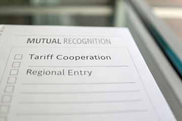 Diplomacy drives trade agreements in international markets concept. Document titled "Mutual Recognition" with checkboxes for cooperation tasks.