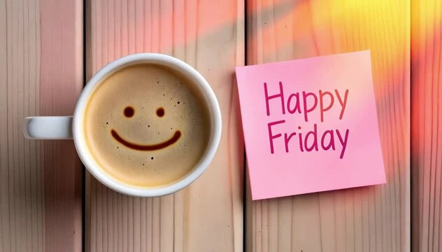 Happy Friday pink sticky note with coffee cup and smiley foam art