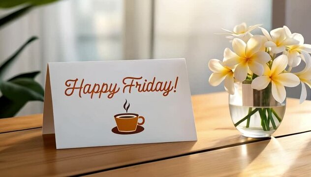 Greeting card with happy friday message, coffee cup and flowers