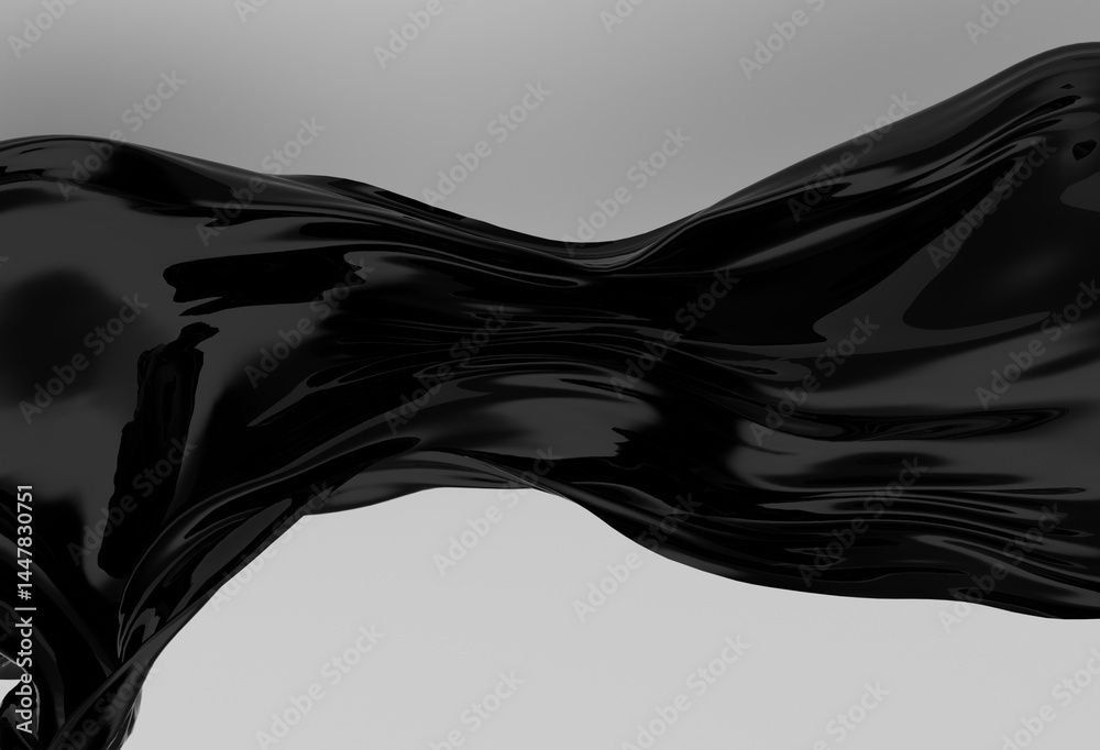 Aufkleber Smooth, shiny black wave flows across a light gray background in this abstract 3D illustration, highlighting glossy reflections and dynamic, modern curves.