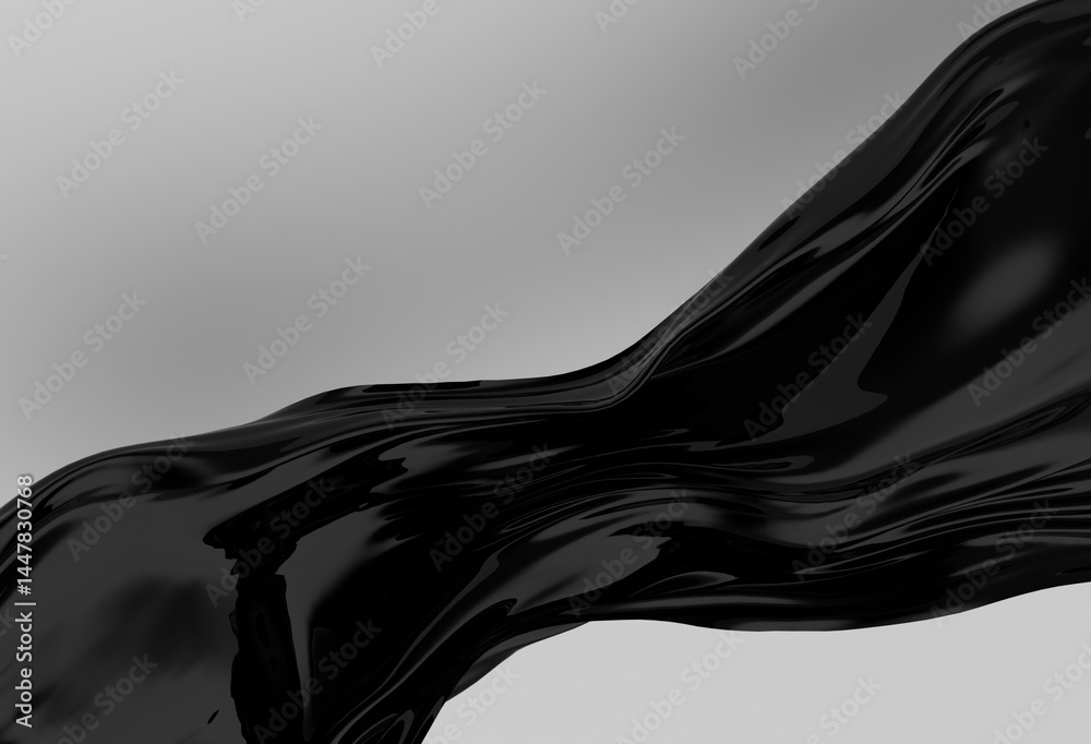 Aufkleber Glossy, black, fluid 3D wave flows smoothly against a light gray background, creating a modern, abstract, and elegant visual with reflective and dynamic curves.
