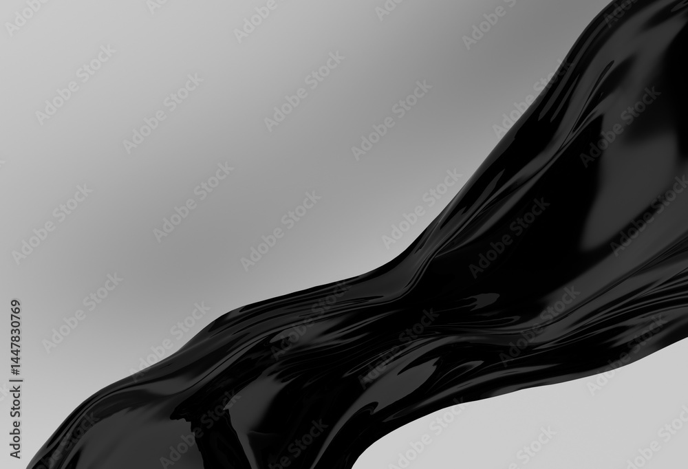 Aufkleber Glossy, black, fluid 3D wave flows smoothly against a light gray background, creating a modern, abstract, and elegant visual with reflective and dynamic curves.