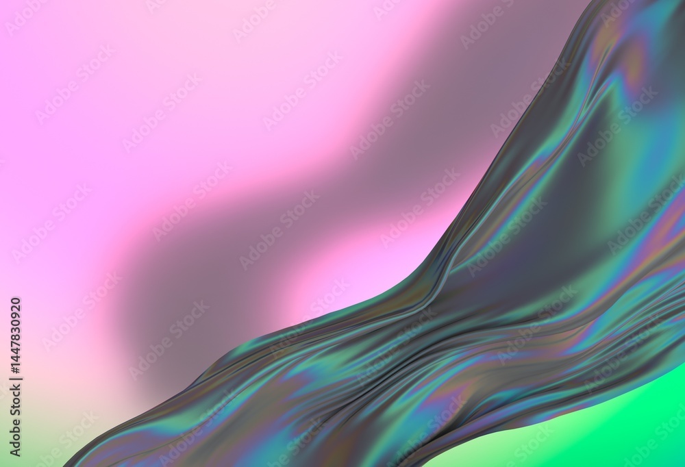 Poster 3d illustration features a flowing, translucent iridescent shape against a soft pastel background of