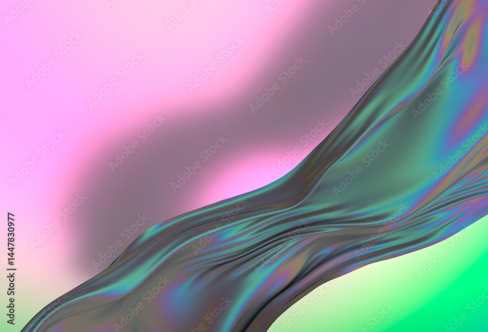 Poster 3d illustration features a flowing, translucent iridescent shape against a soft pastel background of