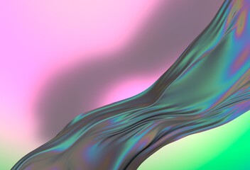 3D illustration features a flowing, translucent iridescent shape against a soft pastel background of pink, purple, and green, creating a dynamic, smooth, and futuristic visual effect.