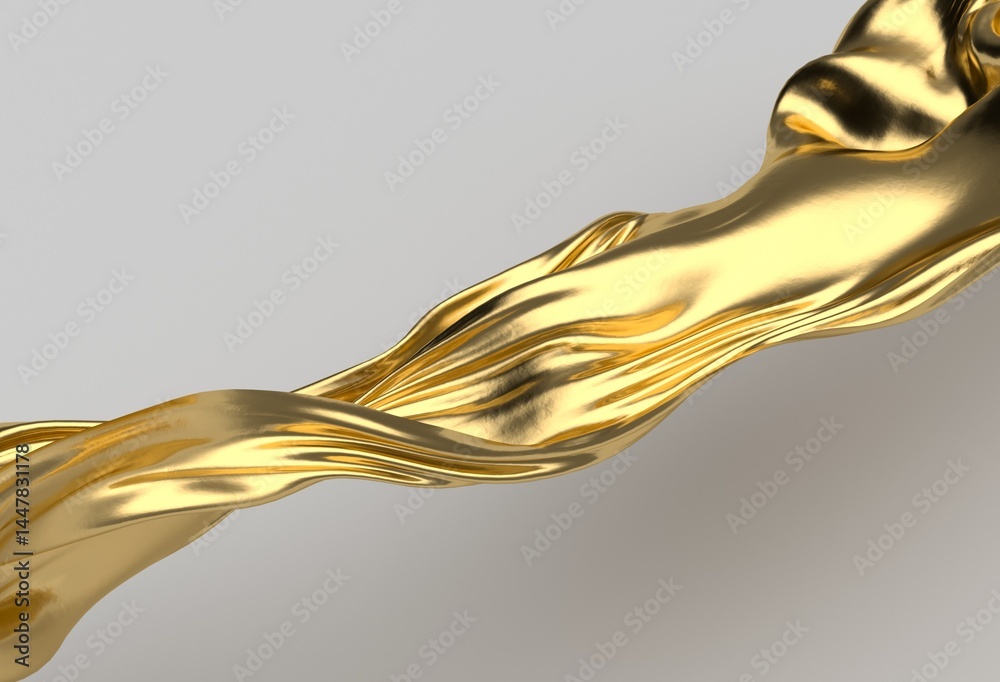 Poster gold, metallic 3d wave flows smoothly across a light gray background, creating a luxurious, abstract