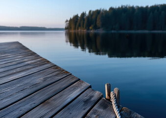 Fototapeta premium Wooden pier on a lake in the evening. Beautiful natural background.