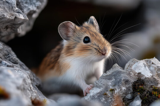 Wild rodent among the stones in the mountains. Wildlife scene from nature.