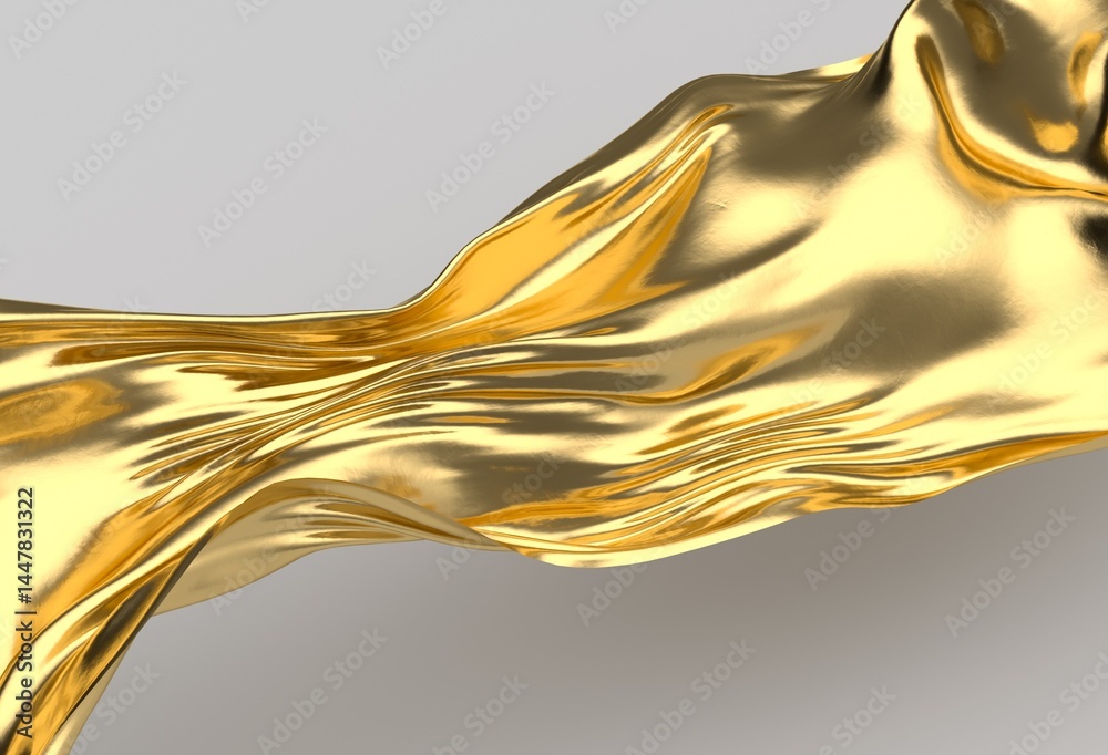 Poster gold, metallic 3d wave flows smoothly across a light gray background, creating a luxurious, abstract