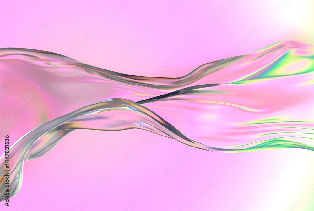 Poster translucent, iridescent wave with pink and green hues flows smoothly over a pastel pink background, 