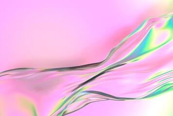 Flowing, translucent 3D wave with pastel pink, green, and yellow hues moves smoothly across a soft pink background in an abstract and dreamy visual.
