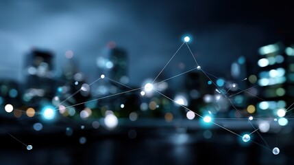 Futuristic cityscape with glowing nodes, a digital network connecting the urban future
