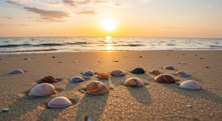Sunset Seashells Beach Serenity - Seashells arranged on a sandy beach at sunset. Symbolizing peace, tranquility, summer vacation, coastal beauty, and nature's artistry
