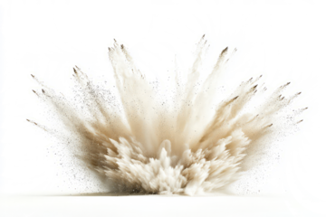 High-impact sand burst with bold flying grains and a dust trail, isolated on white
