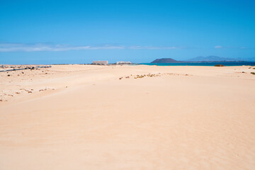 Corralejo Dunes Natural Park, Fuerteventura, Canary Islands, Spain. Exotic holidays in Europe, wide sandy beaches 
