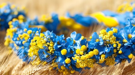 Swedish National Day: A close-up of a blue and yellow floral wreath with fresh wildflowers, soft sunlight casting delicate shadows, blurred golden wheat field background, warm and festive atmosphere 