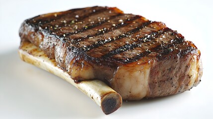 A perfectly grilled bone-in ribeye steak rests on a white background showcasing its delicious marbling and rich brown crust.