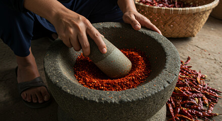 Hands grinding dried red chili peppers in stone mortar pestle