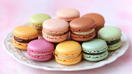 Obraz premium Colorful macarons arranged on decorative plate with soft background