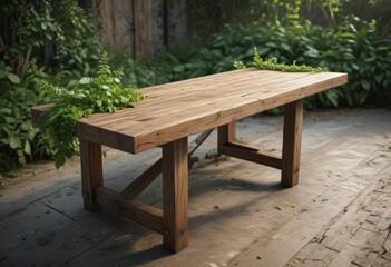 Fototapeta premium Rustic wooden table with lush green foliage and earthy tones , greenery, rustic
