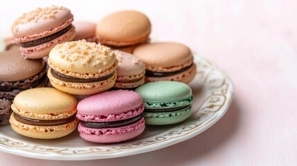 Obraz premium Colorful macarons on decorative plate against soft background