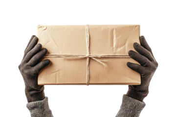 Courier wearing gloves delivering package, extended arms, on white background