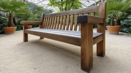 Fototapeta premium Cozy wooden bench in a vibrant palm garden, offering a peaceful retreat Ideal for meditation or quiet contemplation - calmness retreat seat