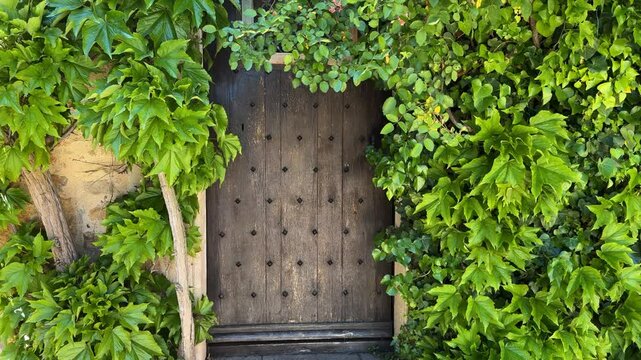 Old wooden door surrounded by vines with green leaves in a Mediterranean villag