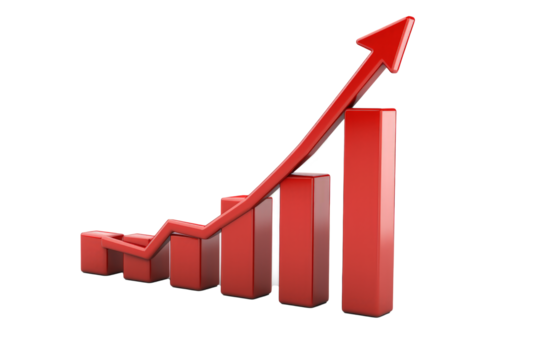 3D red arrow graph rising sharply, symbolizing financial growth and success, isolated on white