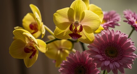 Naklejka premium Yellow Orchids and Pink Gerbera Daisies - Close-up shot of vibrant yellow orchids and delicate pink gerbera daisies, bathed in soft sunlight