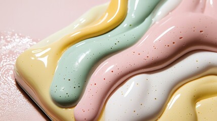 Obraz premium Colorful Liquid Paint Swirls on a Smooth Surface in Pastel Hues of Pink, Green, Yellow, and White