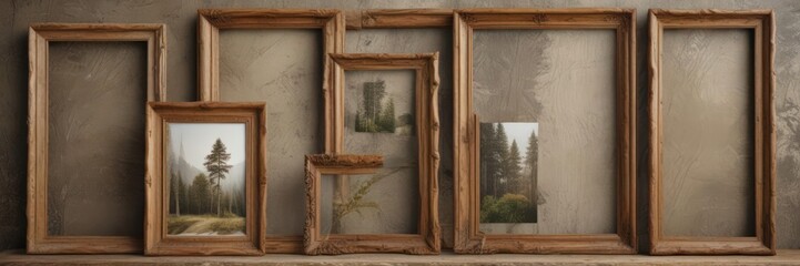 Rustic wooden frames, varied sizes, displaying nature photos on a textured background ,  frames,  display,  wall art