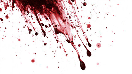 Detailed blood drip slowly trailing downwards, creating streaks, isolated on a white background.