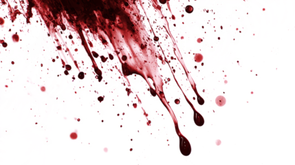 Detailed blood drip slowly trailing downwards, creating streaks, isolated on a white background.