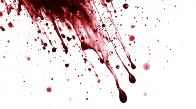 Detailed blood drip slowly trailing downwards, creating streaks, isolated on a white background.