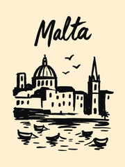 Fototapeta premium Malta harbor with boats and dome, hand drawn sketch vector